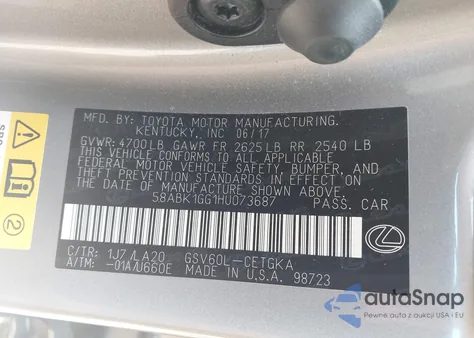 2017 Lexus Es 350 z USA, uszkodzony, nr VIN 58ABK1GG1HU073687